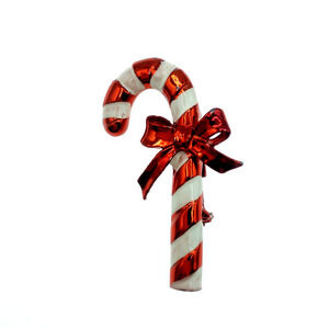 Vintage Gerry’s Candy Cane Christmas Brooch Red Enamel Holiday Pin with Bow